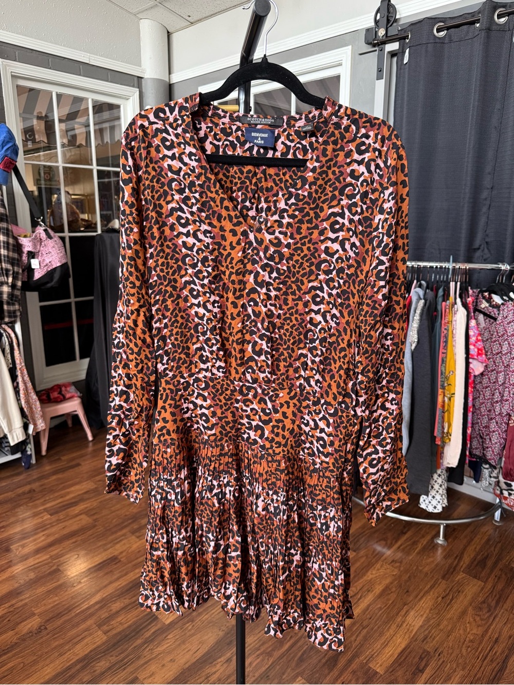 Scotch & Soda Orange and Black Leopard-Print Long-Sleeve Tiered Dress